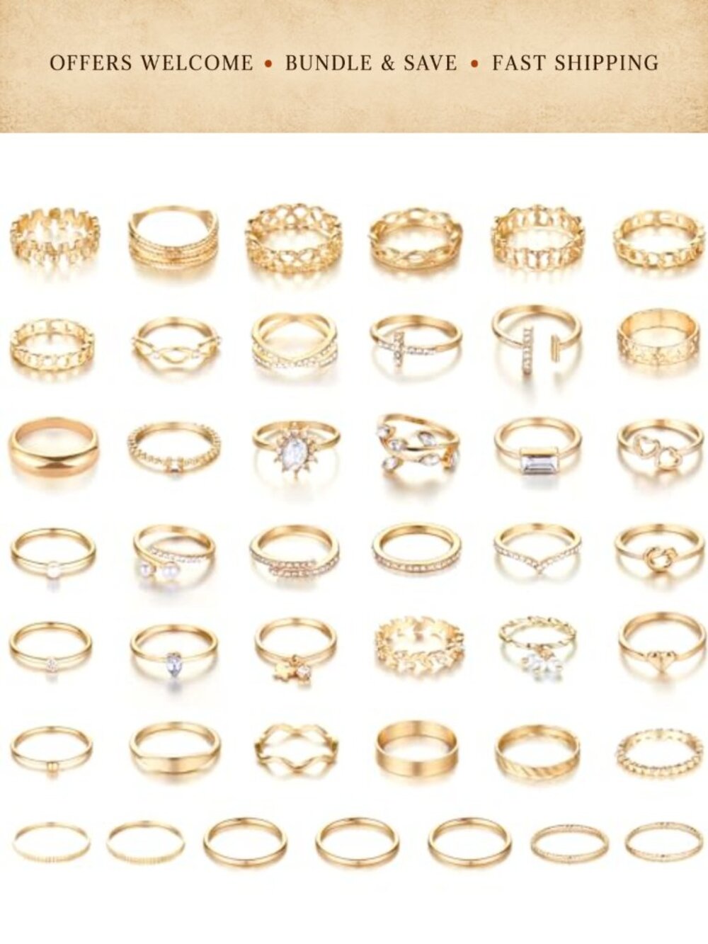 14K Gold Plated Crystal Knuckle Rings Set Stackable Mixed Size 43pc